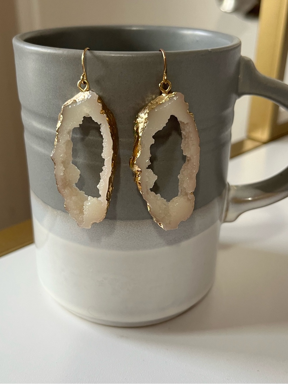 Gold-Trim White Geode Drop Earrings - Women Jewelry